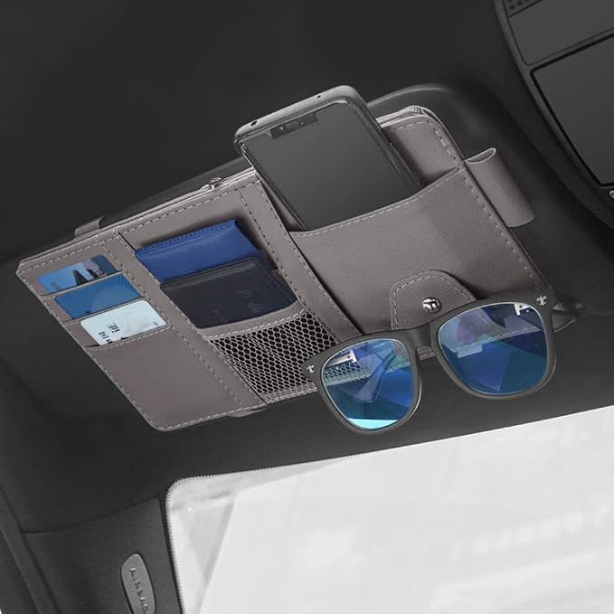Gray Car Sun Visor Organizer, Multi-Purpose Auto Document Storage Accessory | Visor accessories multi-slot design stores docs, cards & sunglasses, slim fits all vehicles without obstructing sight by SEMBEM