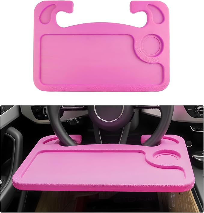 2 in 1 Car Steering Wheel Desk, Multipurpose Auto Table with Cup Holder and Pen Slot, Portable Double Sided Design Steering Wheel Tray for Eating & Work, Car Accessories (Pink) by Unknown