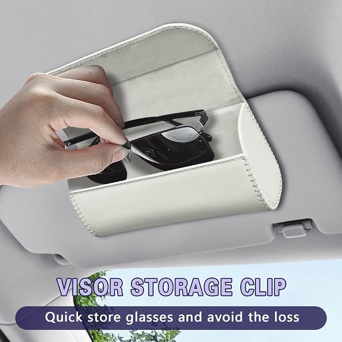 Sunglasses Holder for Car Sun Visor, Sunglass Organizer for Car, Magnetic Leather Eyeglasses Protective Storage Case, Waterproof Glasses Organizer Visor Accessories for Vehicles (White) - Image 3