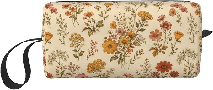 70s Vintage Wildflower Makeup Bag for Women | Small Travel Cosmetic Pouch with Zipper, Compact Makeup Organizer Bag for Purse, Toiletries, Skincare & Daily Essentials by OLUSENMO