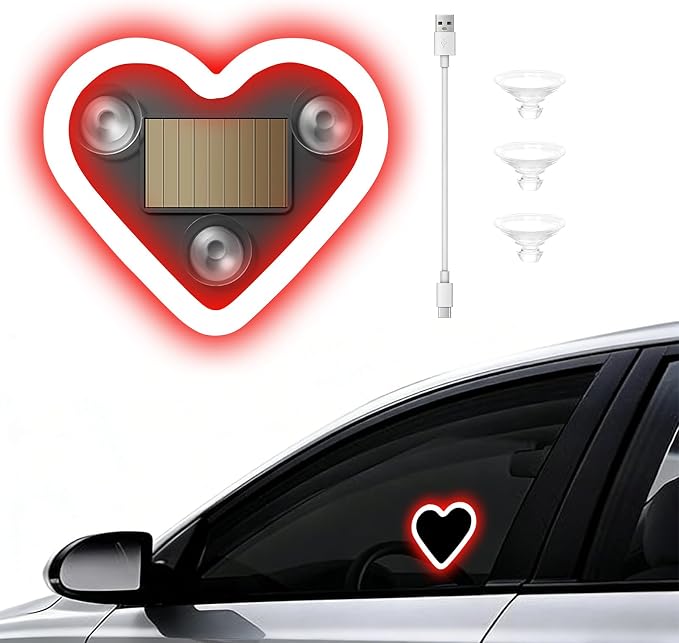 Car Window Wireless LED Ambient Light Solar Powered Love Heart Shaped Neon Lamp for Night Driving Interior Decor Accessories Romantic Gift for Women Girl Couples-Red by GCZCC