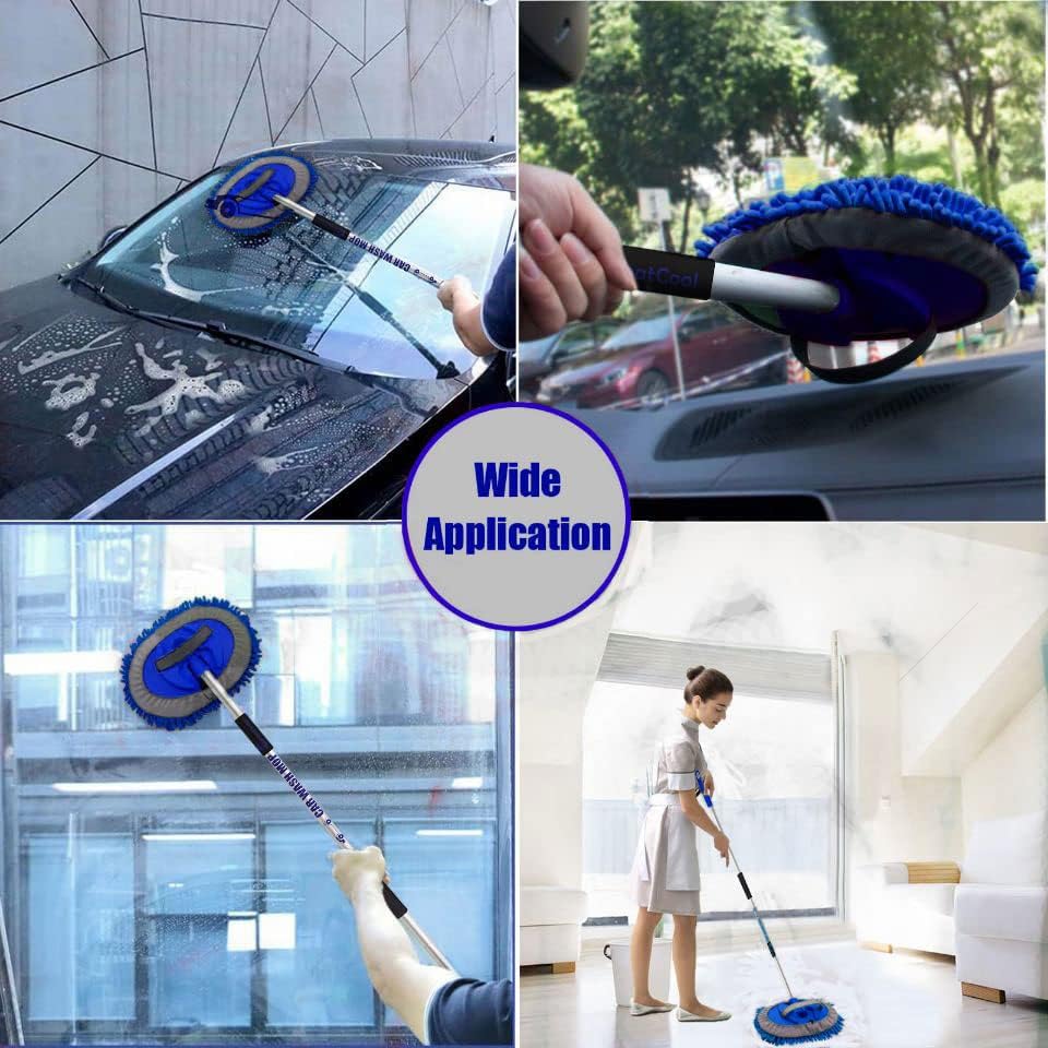 62" Car Wash Brush Mop Kit with Long Handle, 2 in 1 Chenille Microfiber Sponge Mitt Cleaning Detailing Duster for Washing Cars Truck SUV RV Caravans and Household(2 x Mop Head) (Blue) - Image 5