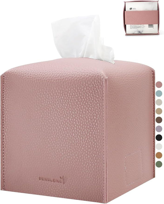 Tissue Box Cover 5X5X5'' PU Leather Tissue Holder Square Tissue Cube Box Organizer for Bathroom Vanity Countertop, Car, Night Stands, Office, Home, Kitchen (1Pack, Pretty Pink) by PENGLONGHOMEDECORATION