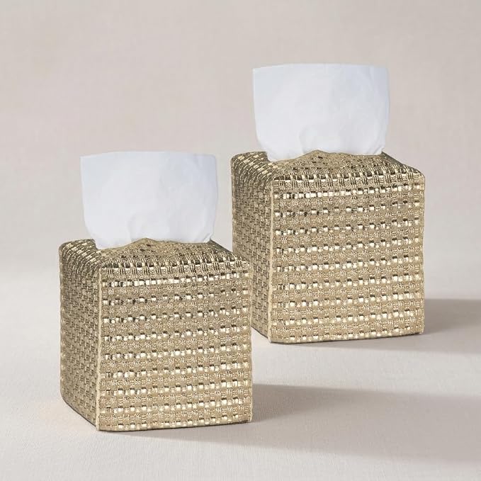 Tissue Box Cover 2-Pack, Square Tissue Holder with Bottom Belt, Modern Tissue Case Facial Paper Organizer Dispenser for Bathroom, Office, Home, Table, Car, Woven Pattern Golden by Avolander