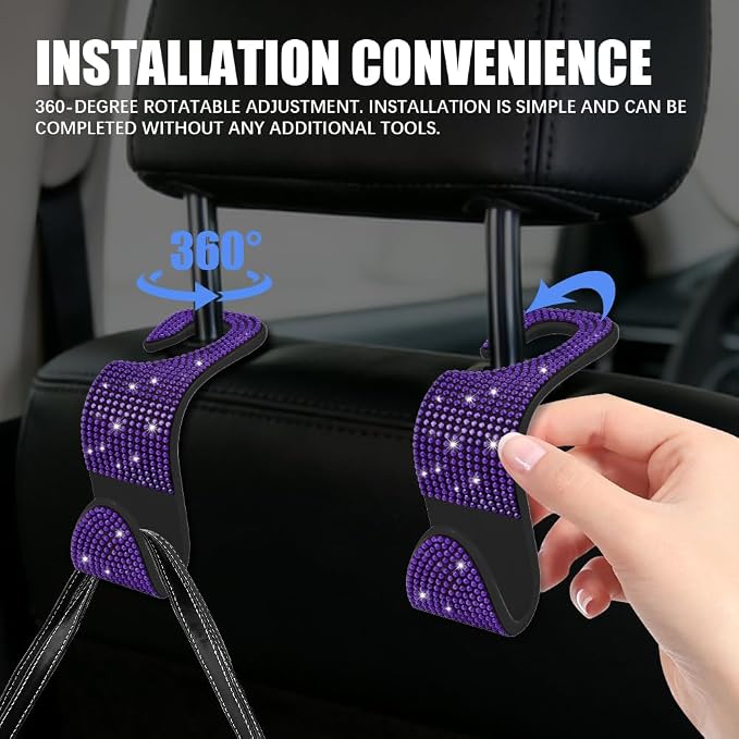4PCS Bling Car Seat Headrest Hooks, Purse Holder for Car, Vehicle Back Seat Purse Handbag Hanging Holder with Crystal Rhinestone, Diamond Car Rear Seat Organizer for Vehicles (Purple) - Image 4
