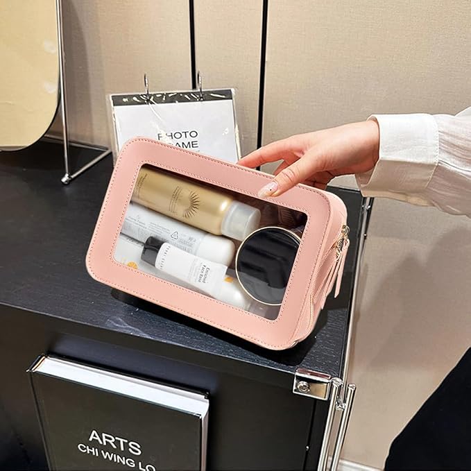 Clear Makeup Bag, Pink Travel Makeup Pouch Toiletry Bag for Women Waterproof Small Cosmetic Bag Case Small Make Up Bag with Zipper Car Organizer Car Essentials for Women Men - Image 3