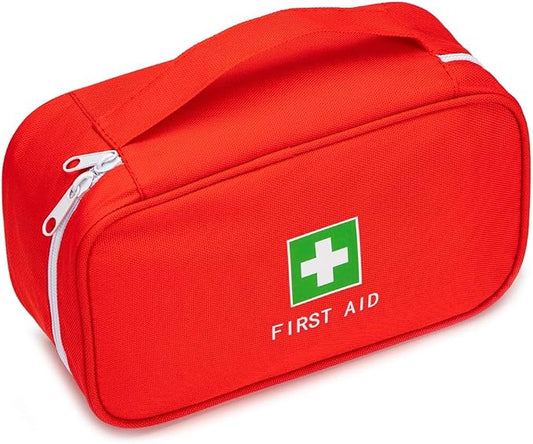 Red First Aid Bag Empty Travel Rescue Pouch First Responder Storage Medicine Emergency Bag for Car Home Office Kitchen Sport Outdoors (Red with Handle Green Print) by Jipemtra