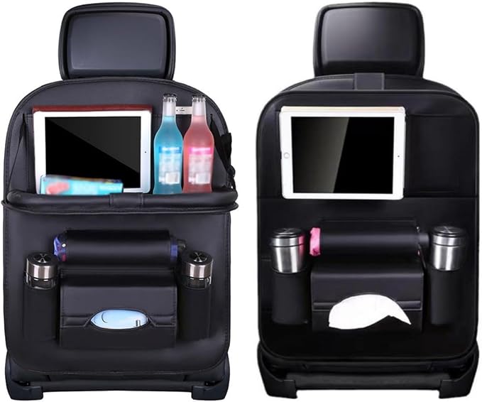 Upgraded Car Back Seat Organizer with Foldable Table Tray Tissue Holder Backseat Car Organizer Kick Mats Back Seat Protector for Kids (tray black 2 pcs) by HURESON