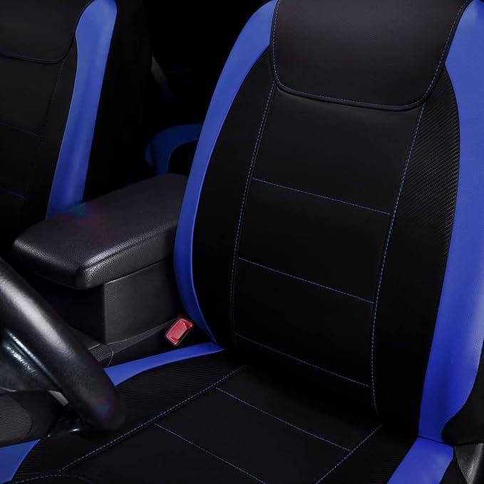 Flying Banner car seat Covers Protects Water Proof Faux Leather Carbon Fiber Front and Rear Bench (Blue Black, Full Set - 9PCS) - Image 4
