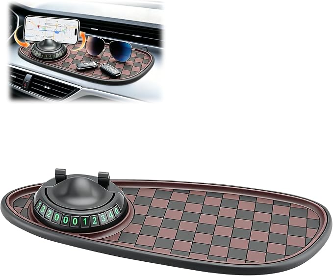 Multifunctional Car Anti-Slip Mat, 360° Rotatable Car Anti Slip Mat Phone Holder, Universal Dashboard Pad with Temporary Parking Number, Dashboard Accessories for Sunglass Chapstick (Black Brown) by Unknown