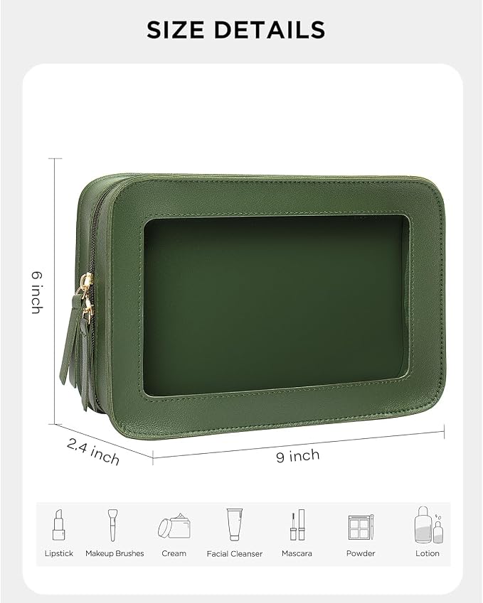 Clear Makeup Bags,TSA Approved Toiletry Bag with Zipper,Sunscreen Bag Clear Makeup Toiletry Pouch Beach Vacation Essentials for Women Teen Girls Gifts(Vintage Green) - Image 3