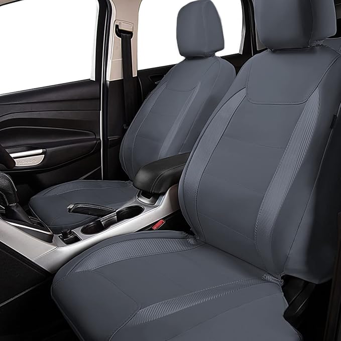 Flying Banner car seat Covers Protects Water Proof Faux Leather Carbon Fiber Front and Rear Bench Split 40/60 50/50 60/40(Gray Gray, Full Set - 8PCS) - Image 2