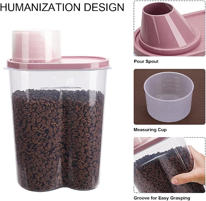 2 Pack 2lb/2.5L Pet Food Storage Container with Measuring Cup, Can Covers and Bowl for Small Dog, Cat, Waterproof-BPA Free (Blue and Pink) - Image 3