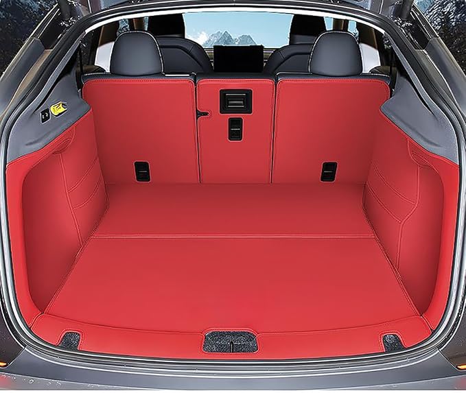 Compatible with 2026 Tesla Model Y 5 Seater Juniper Refresh Trunk Liner Red Nappa Leather (Back Seat Protector + Cargo Mat+Trunk Side Cover+Bamper Sill Protector) Dog Cover (Red) by ZYCHUANGYING