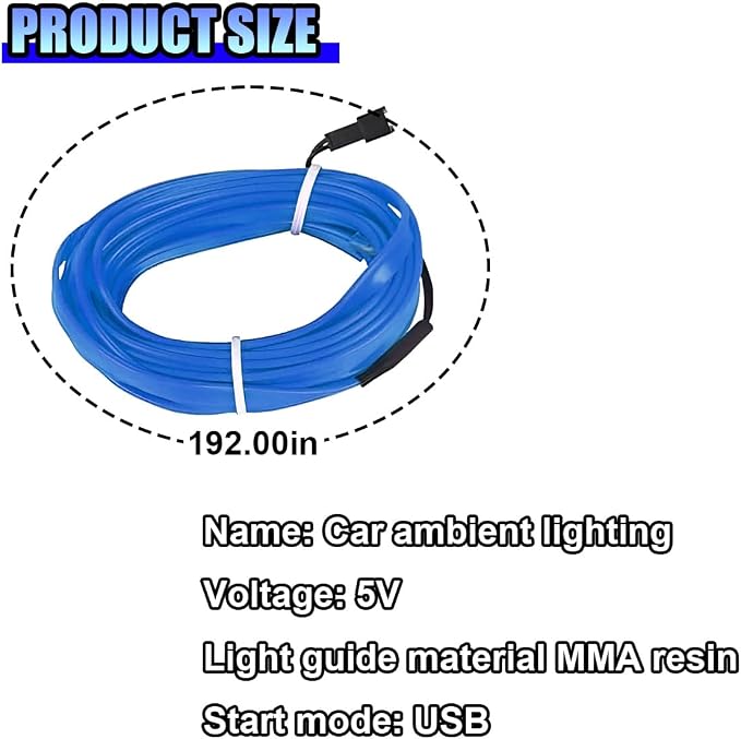 ZIMISI EL Wire Car Interior LED Strip Lights, Neon Light Strip (Blue) | 5V 16FT Car Ambient Lighting Decorations with Sewing Edge, USB Electroluminescent Car Interior Lights with Fuse Protection - Image 2