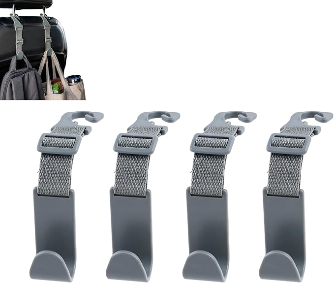 4 Pack Headrest Hooks for Car, Adjustable Purse Hook, 110 LBS Heavy Duty, Vehicle Seat Back Organizer for Purses, Bags, Handbags, Easy Install ﻿(Gray) by Unknown