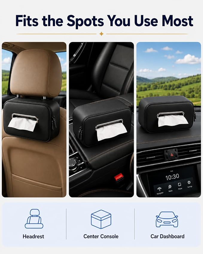 Leather Car Tissue Holder, Extra Large Tissue Holder for Car, Fits 120–230 Count Rectangular Tissue Boxes, Wider Opening for Easy Access, Dual Zipper for Headrest,Console,Seat Back (Black) - Image 8