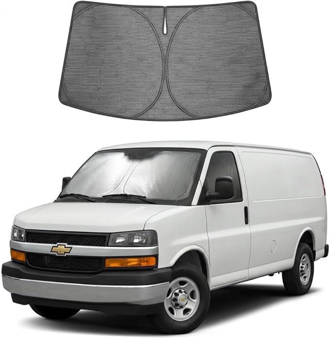 Proadsy Custom Fit Car Windshield Sun Shade for 1996-2026 Chevrolet Express | Ice Crystal Micro-Refraction Blocks 99% UV, Drops Cabin Temp 54°F. Foldable Full Coverage for Summer Parking/Camping Privacy by Proadsy
