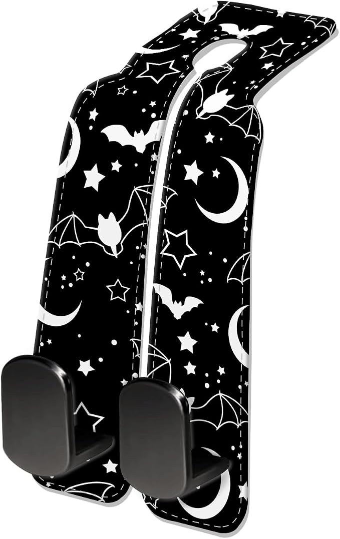 Car Seat Headrest Hook, Universal Leather Cute Hanger Holder Hook, Storage Organizer Interior Accessories for Purse Bags Handbag Black Cute Bats Moon by NUGGHU