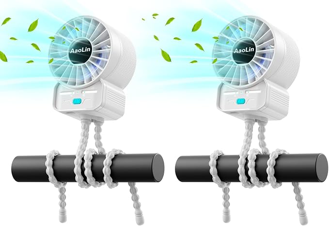 2 Pack Multifunctional Portable Stroller Fan 4 Speed 6600rpm High Speed Usb Rechargeable Personal Mini Handheld Fan Extended Tripod For Desktop Winding Kids Bed Treadmill Bike Golf Cart Outdoor Travel by AaoLin