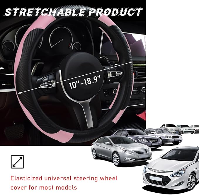 povtii Car Steering Wheel Cover, 15 Inch Leather Breathable Auto Steering Wheel Protector, Comfortable Non-Slip Vehicle Steering Wheel Covers, Universal Interior Car Accessories (Black+Pink) - Image 2
