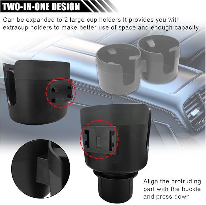 Car Double Cup Holder Extender, 2-in-1 Car Cup Holder Adapter with Adjustable Base, Universal Multifunctional Cup Holder Organizer for Beverage, Snack, Cup, Bottle Storage (Black) - Image 4