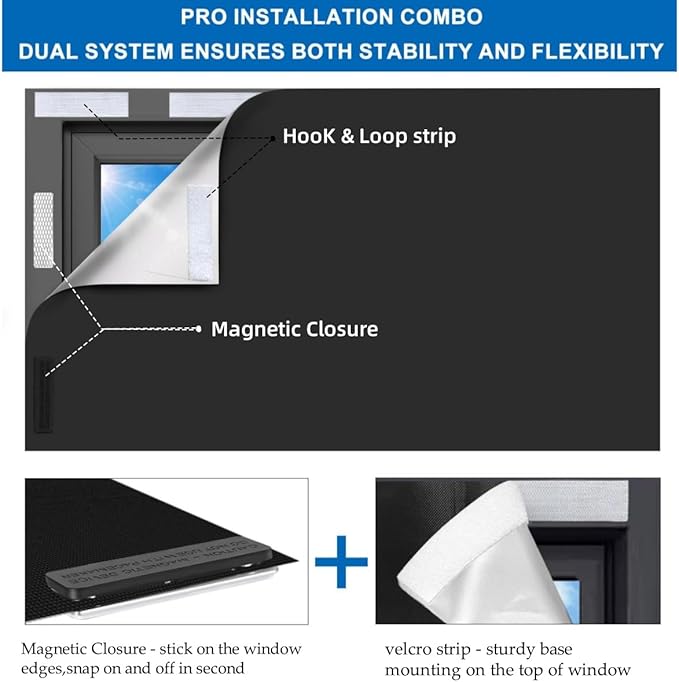 100% Blackout Blinds Magnetic Window Cover 57x40Inch,No Drill PortableCuttable Black Out Curtains for Nursery Bedroom,RV,Media Room with Hook & Loop Tape+Magnetic Closure - Image 3