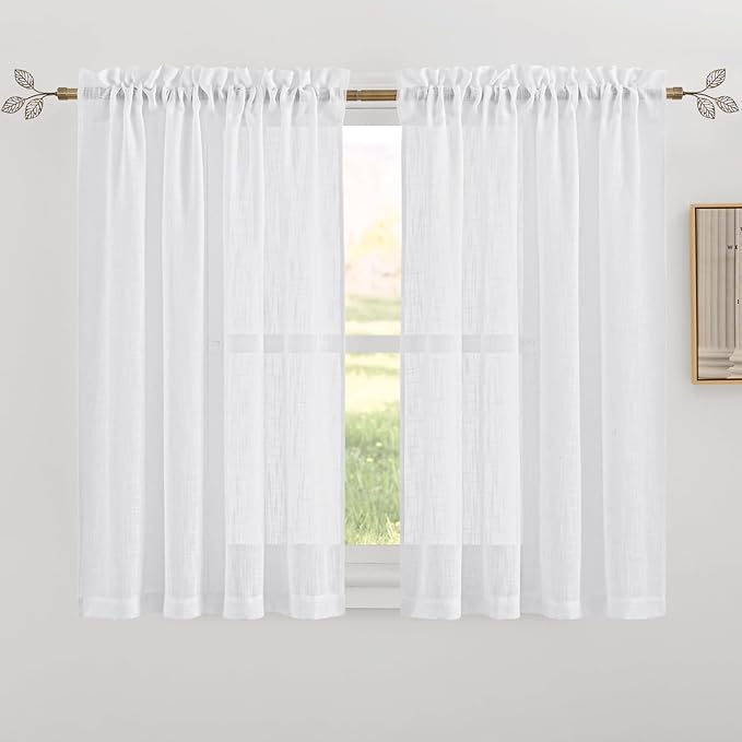 RYB HOME White Semi Sheer Curtains for Small Window 45 inches Long | Light Filtering Privacy, Boho Country Rustic, Kitchen Cafe Bathroom RV Camper, Rod Pocket,White, W34 x L45, 2 Panels by RYBHOME