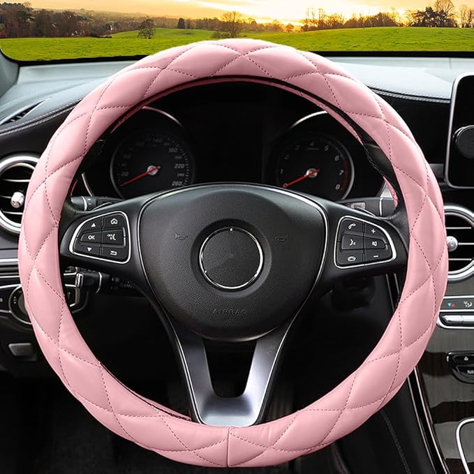 YHONGJT Soft Microfiber Leather Steering Wheel Cover, Universal 15 Inch for Women Girls, Fit Vehicles, Sedans, SUVs, Vans, Trucks - Light Pink - Image 2