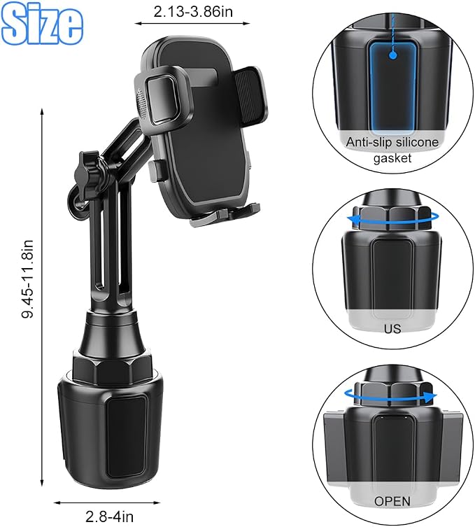 Car Cup Phone Holder, 360° Rotation with Long & Adjustable Neck | Secure side grips, stylish carbon fiber texture, auto interior smartphone expander mount accessories, universal fit - Image 2