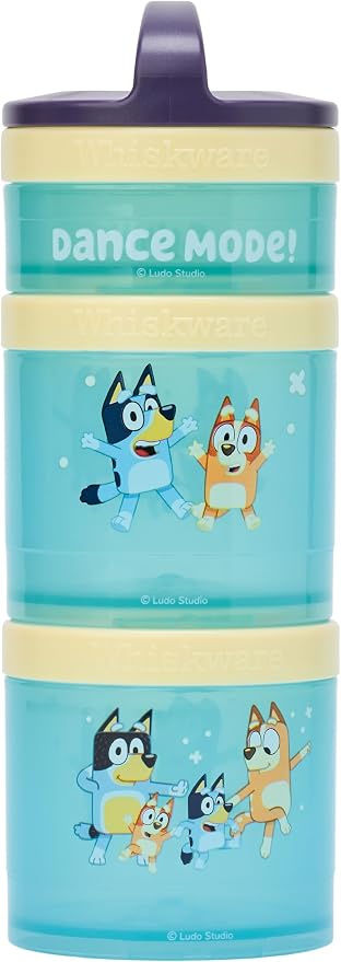 Whiskware Bluey Stackable Snack Containers for Babies, Toddlers, and Kids, 3 Stackable Snack Cups for School and Travel, Cupholder Friendly, Bluey, Bingo, Bandit Heeler, and Chilli, Dance Mode! by Whiskware