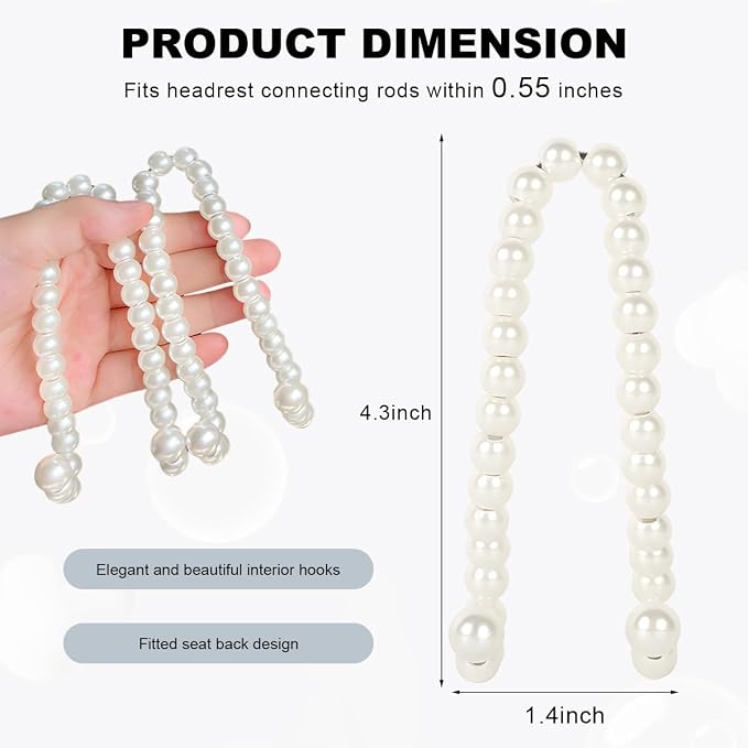 2PCS Elegant Pearl Car Seat Headrest Hook, Cute Back Seat Storage Hanger Dainty Purse Holder, Universal Headrest Pearl Hook Exquisite Auto Interior Decor for Women Girls - Image 2