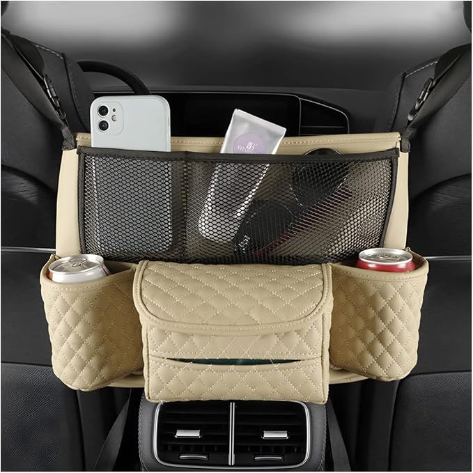 XINLIYA Car Handbag Holder Between Seats, PU Leather Multi-Pocket Large Capacity Purse Holder, Auto Net Bag Barrier of Backseat Pet Kids, Car Seat Organizers and Storage for Cargo Tissue Cup（Beige） by XINLIYA