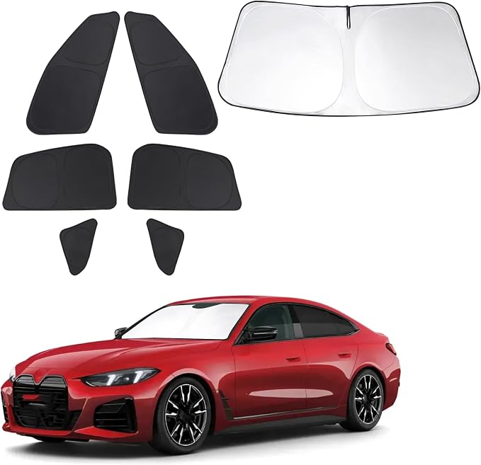 Windshield Sun Shade Car Windshield Foldable Full Windows Coverage Custom Fit for BMW i4 M50 2022-2025 Accessories Window Shades Block Sun UV Rays Privacy Protection 7PCS by FannycCargoCover