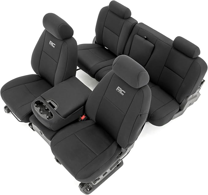 Rough Country Neoprene Seat Covers for Chevy Silverado & GMC Sierra 1500/2500HD (2007-2013) - Waterproof, UV Resistant, Foam-Padded Front & Rear Set w/Rear Armrest by RoughCountry