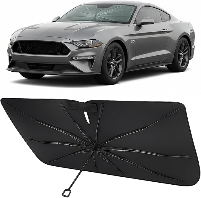 Proadsy Custom Fit Windshield Sun Shade Umbrella for 2015-2023 Ford Mustang | Advanced Ice Crystal Material, -54°F Cooler, Zero-Gap Sunblock, Instant Setup & Foldable Design for Summer Parking, Daily Use by Proadsy