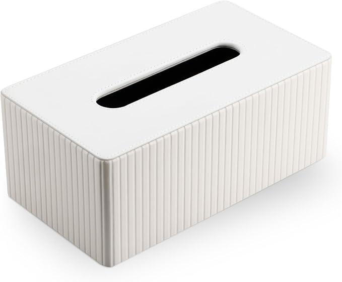 KINGFOM PU Leather Tissue Box Cover Rectangular Tissue Box Holder with Magnetic Bottom, Napkin & Facial Tissue Holder Dispenser for Home, Office for Standard 120-count/160-count (2-Ply) White Stripe - Image 2
