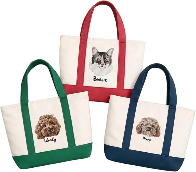 Personalized Custom Embroidered Pet Portrait Tote Bag - Dog Cat Mom Gift with Name, Large Canvas Shoulder Tote for Women, Reusable Shopping & Daily Use Tote Bag by CRAFFBASE