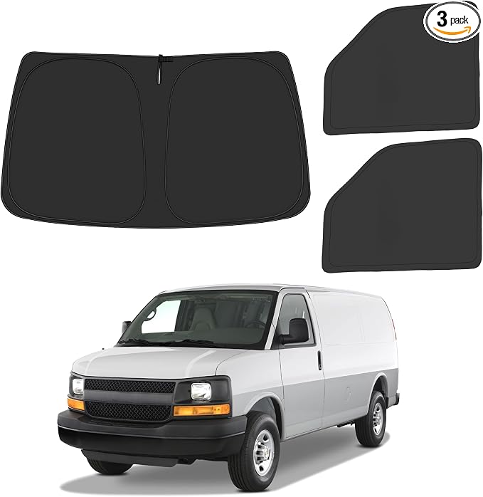 Front Windshield ＆ Side Window Sun Shade for 1996-2025 Chevy Express Accessories Cargo Van, Foldable Window Sunshade Sun Visor Protector, Window Shade Sun Shield Block UV Rays Heat, Pack of 3 by ULROLIT