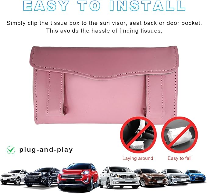 Ohleats Car Tissue Holder, Leather Sun Visor Napkin Holder, Auto Backseat Tissue Mask Case Dispenser for Most Vehicles, Universal Interior Car Accessories Hanging Tissues (Pink) - Image 6