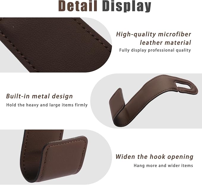 2-Pack Car Headrest Hooks, 1.1-Inch Wide Purse Hangers, Brown | Microfiber leather hooks with built-in metal cores keep purses, groceries and backpacks organized and within reach - Image 5