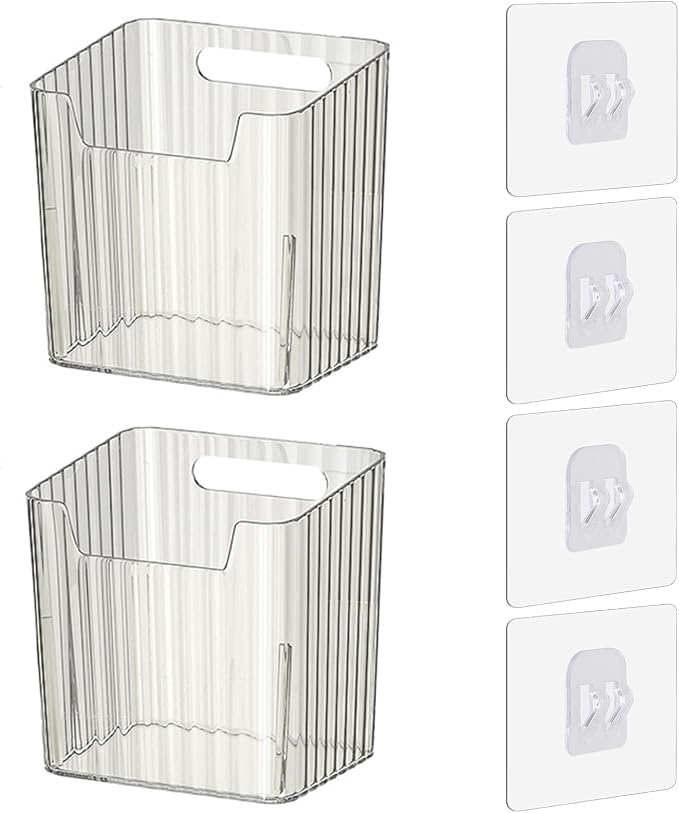 Lae Nuvole 2 Pack Adhesive Wall Storage Bins, Cabinet Door Organizer, Clear | 4 Adhesive Pads, No Drill, Renter Friendly, BPA-Free PET, Stackable; for Fridge, Kitchen, Bathroom, Countertops, Pantry by LaeNuvole
