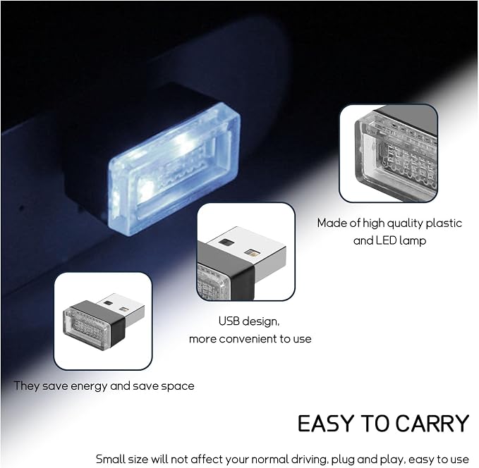 Dickno 4 PCS USB LED Car Interior Atmosphere Lamp, Portable Mini LED Night Light, Plug-in USB Interface Trunk Ambient Lighting Kit, Universal Vehicle Interior Accessories (White) - Image 3