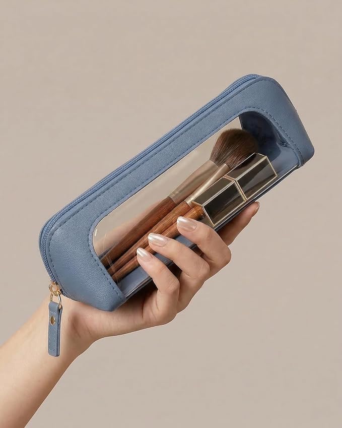 Clear Pencil Case for Kids,Cute Makeup Bag for Women(Slim, Blue) | Waterproof PVC Leather Cosmetic Pouch Zipper,Mini Travel Toiletry Bag for Women,Makeup Brushes Bag Storage and Orgainzer - Image 3