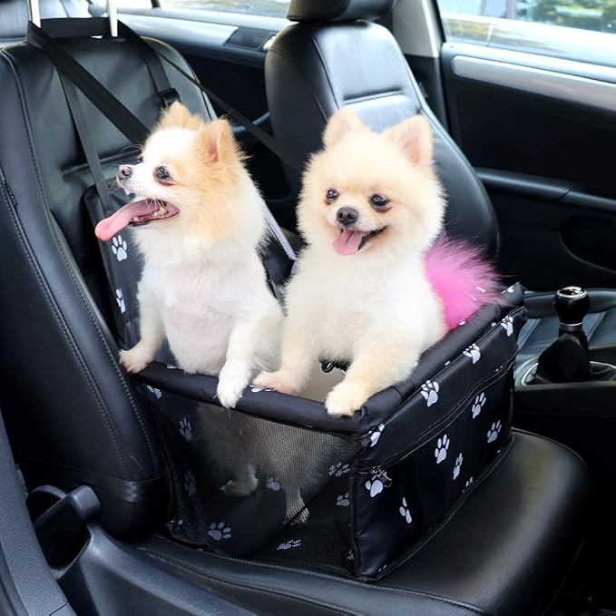 Petbobi Dog Car Seat for Small Dogs and Cats up to 15 lbs, Portable Booster | Black Paw Print, Water-resistant Oxford fabric, PVC Tubes, Folds Flat, Clip-on Leash Keeps Pups Secure and Drivers Focused - Image 9