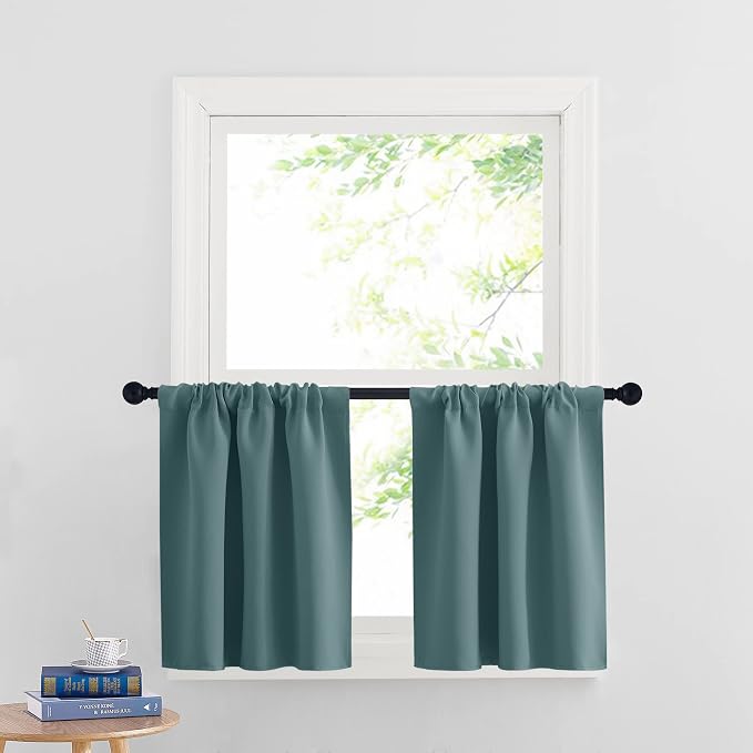 RYB HOME Short Curtains for Window - Blackout Small Window Treatment Panels for Bedroom Bathroom Kitchen Cafe Baby Nursery, Width 29 inches x Length 24 inches, Teal Blue, 2 Panels by RYBHOME