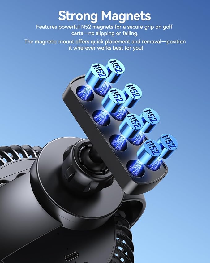 Magnetic Golf Cart Fan Rechargeable,10000mAH Battery Operated Portable Fan with 3 Speeds,30H Working Time,LED Lantern,360° Rotatable Head, Fits EZGO/Club Car/Golf Cart - Image 7