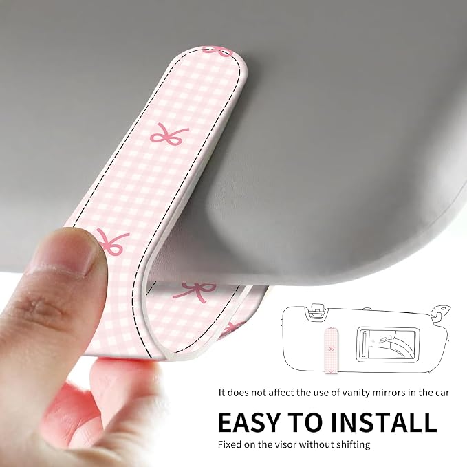 Leather Magnetic Sunglass Holder for Car Sun Visor, Cute Eyeglass Ticket Card Hanger Clip, Universal Auto Interior Accessories for SUV Pickup Truck, Pink Gingham Bow - Image 5
