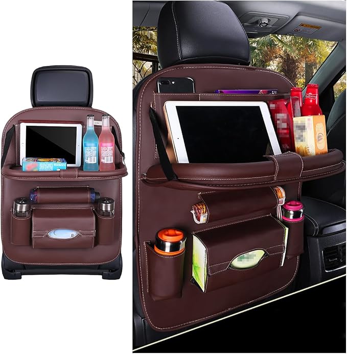 Leather Seat Back Organizer with Foldable Table Tray, Coffee | kick-mat function, rear-seat protective surface, multifunctional use, fits most cars SUVs and trucks, interior item by Unknown