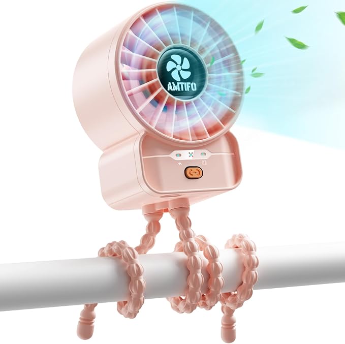 AMTIFO Pink Stroller Fan - USB Rechargeable, Quiet Cooling, 4 Adjustable Speeds, Portable Baby Fan for Strollers, Car Seats, Nurseries, Outdoor Use, Long-Lasting Battery by AMTIFO